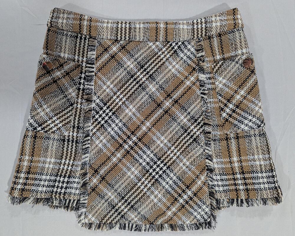 Pink Lily Skirt Womens L Brown Plaid Tweed Wrap Fringe Short Lined Pockets